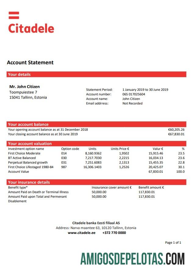 Estonia Citadele extrato bancário amostra